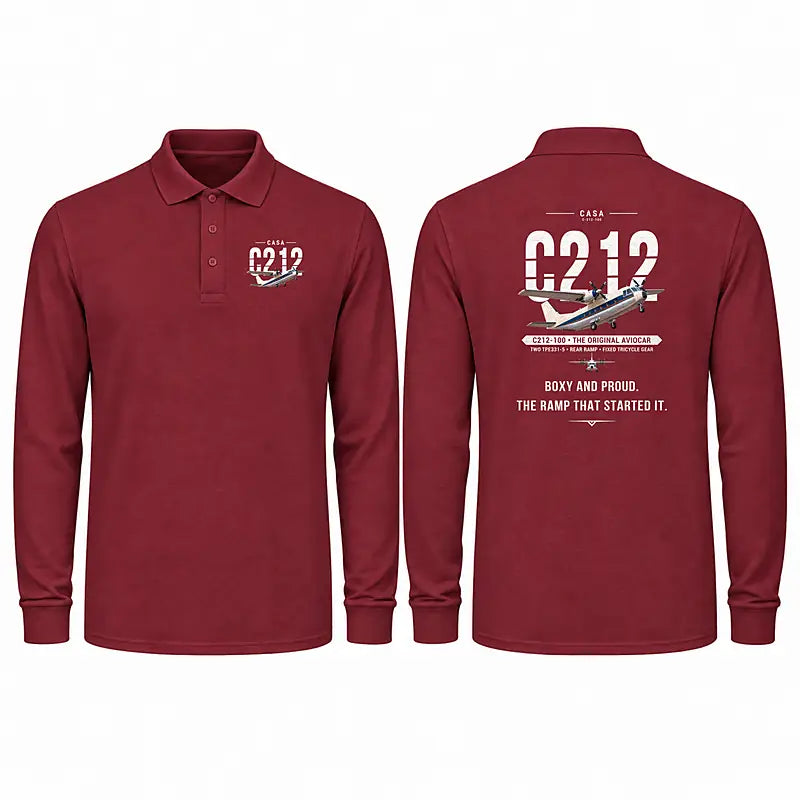 CASA C-212-100 Aviocar Premium Polo T-Shirts - Original - Long Sleeve - Dark Red