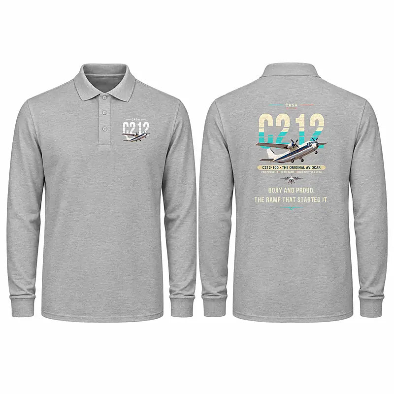 CASA C-212-100 Aviocar Premium Polo T-Shirts - Original - Long Sleeve - Gray