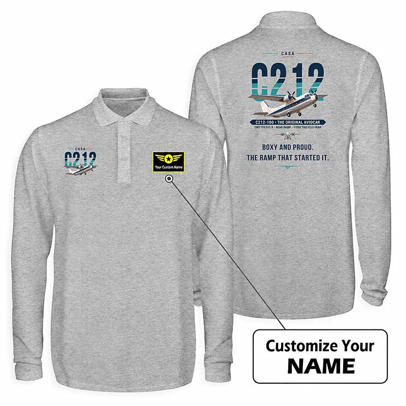 CASA C-212-100 Aviocar Premium Polo T-Shirts - Original + Name - Long Sleeve - Gray