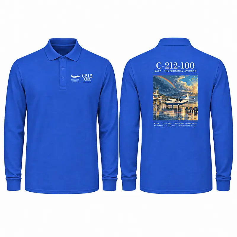 CASA C-212-100 Aviocar Premium Polo T-Shirts - Poster - Long Sleeve - Blue