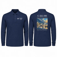 Thumbnail for CASA C-212-100 Aviocar Premium Polo T-Shirts - Poster - Long Sleeve - Dark Blue
