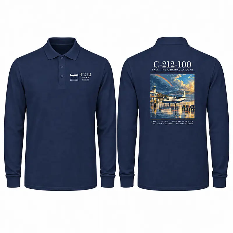 CASA C-212-100 Aviocar Premium Polo T-Shirts - Poster - Long Sleeve - Dark Blue