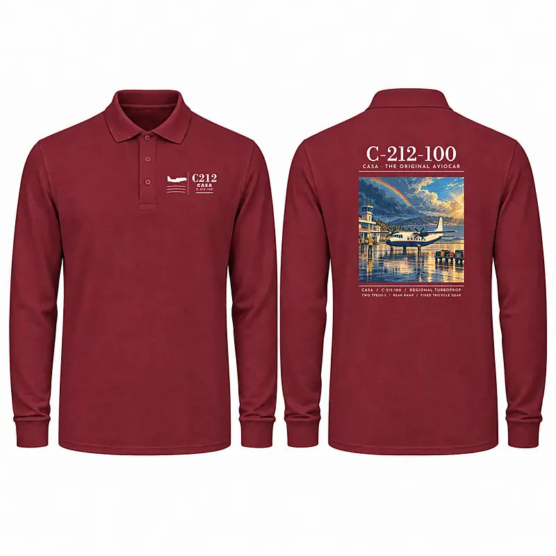 CASA C-212-100 Aviocar Premium Polo T-Shirts - Poster - Long Sleeve - Dark Red