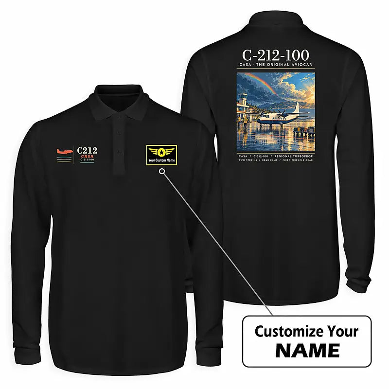CASA C-212-100 Aviocar Premium Polo T-Shirts - Poster + Name - Long Sleeve - Black