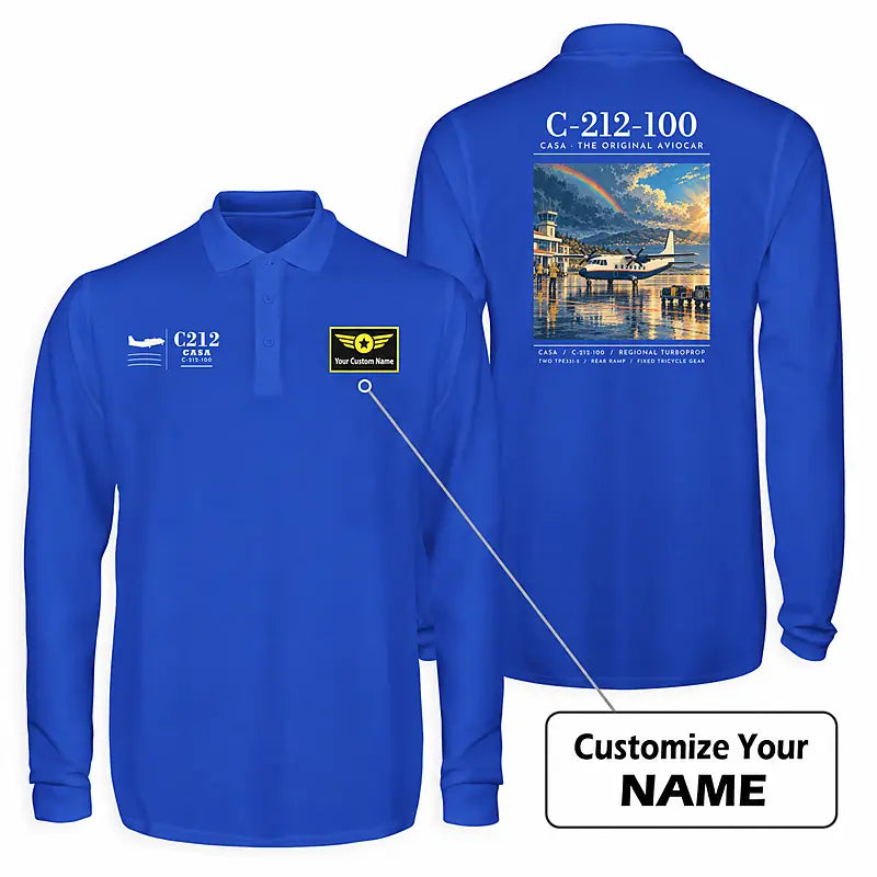 CASA C-212-100 Aviocar Premium Polo T-Shirts - Poster + Name - Long Sleeve - Blue