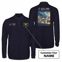 Thumbnail for CASA C-212-100 Aviocar Premium Polo T-Shirts - Poster + Name - Long Sleeve - Dark Blue