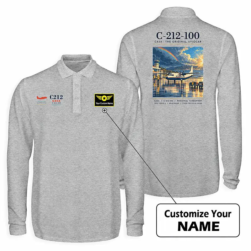 CASA C-212-100 Aviocar Premium Polo T-Shirts - Poster + Name - Long Sleeve - Gray