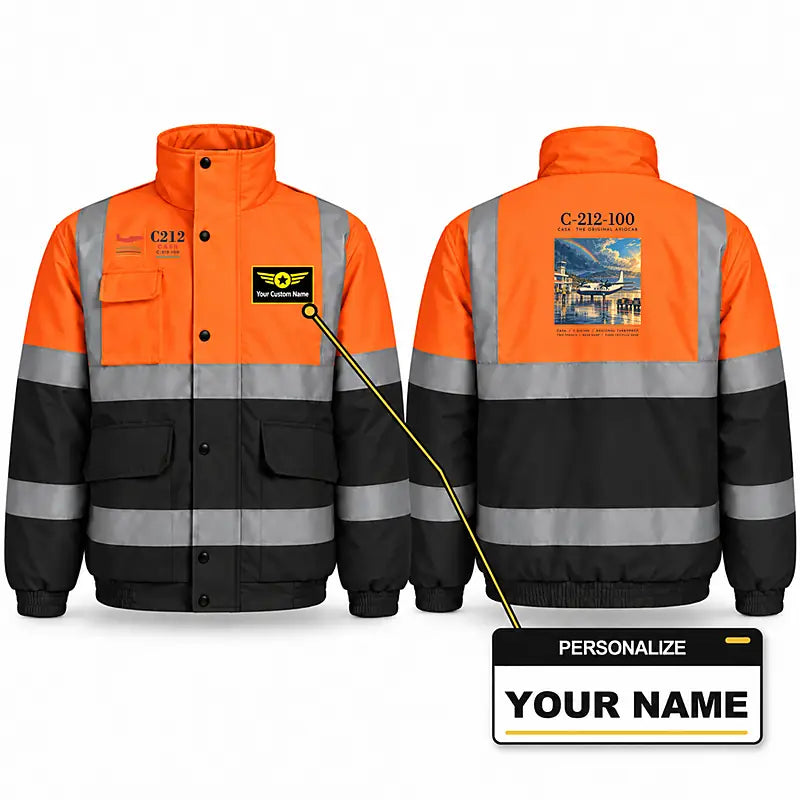 CASA C-212-100 Aviocar Reflective Winter Jackets - Poster + Name - Orange & Navy