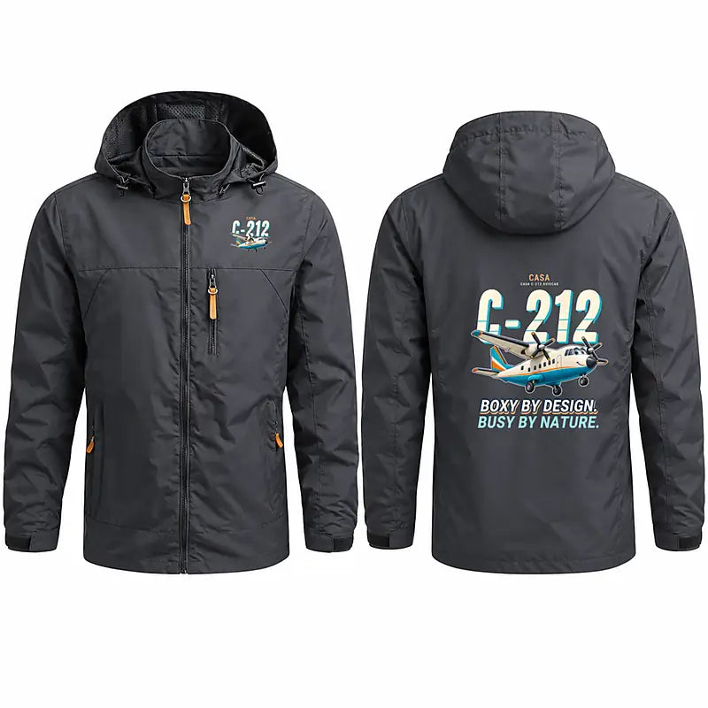 CASA C-212-100 Aviocar Stylish Jackets - Hooded Windbreaker - Cartoon - Charcoal