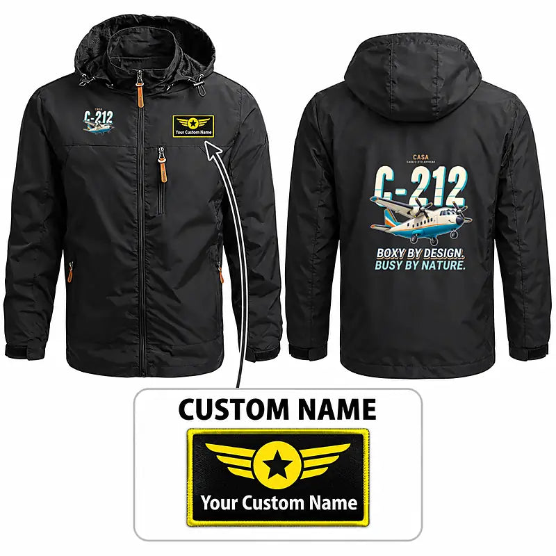 CASA C-212-100 Aviocar Stylish Jackets - Hooded Windbreaker - Cartoon + Name - Black