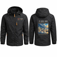 Thumbnail for CASA C-212-100 Aviocar Stylish Jackets - Hooded Windbreaker - Poster - Black