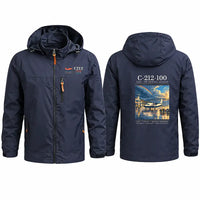 Thumbnail for CASA C-212-100 Aviocar Stylish Jackets - Hooded Windbreaker - Poster - Navy Blue