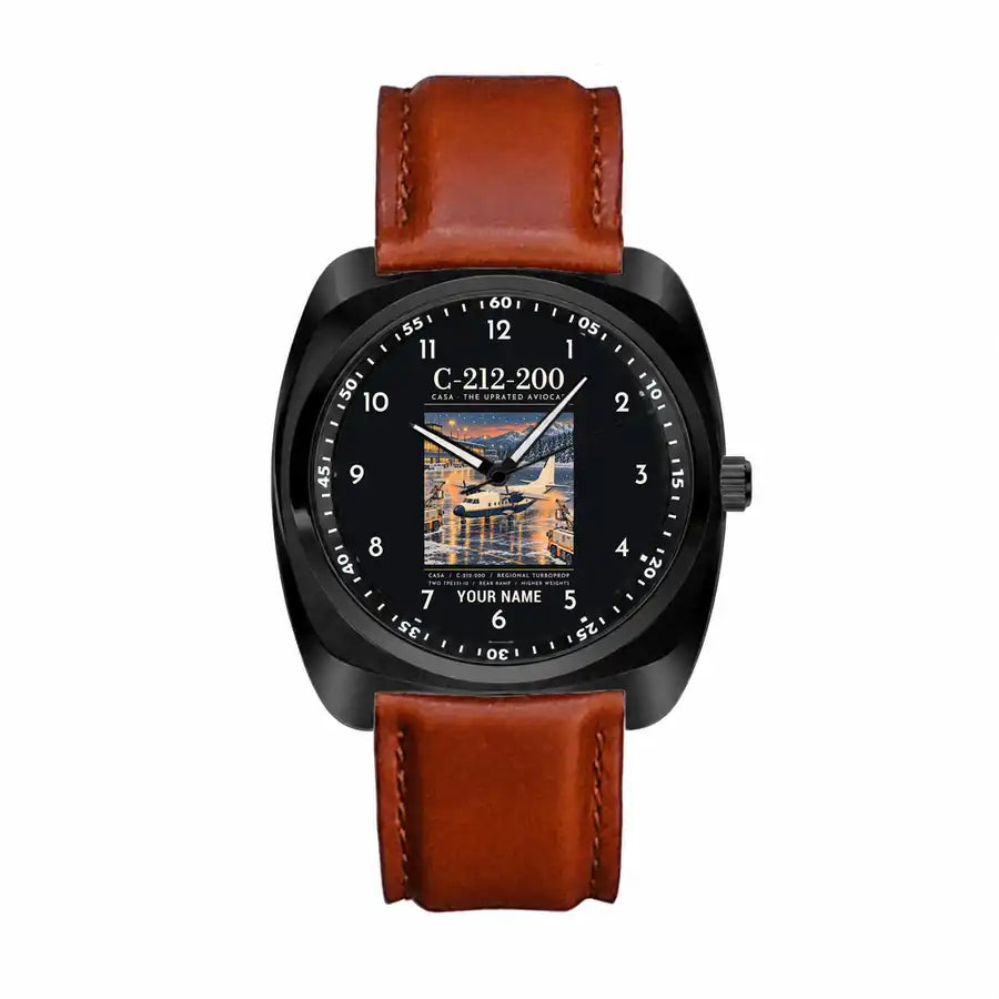 CASA C-212-200 Aviocar - Poster + Name - Luxury Cushion - Black and Dark Brown Strap