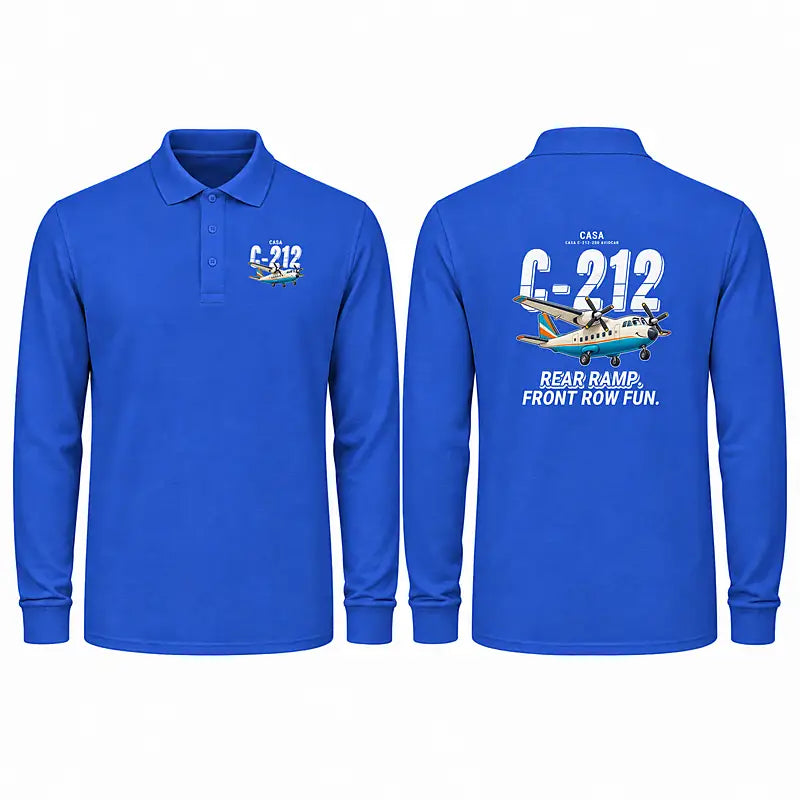 CASA C-212-200 Aviocar Premium Polo T-Shirts - Cartoon - Long Sleeve - Blue