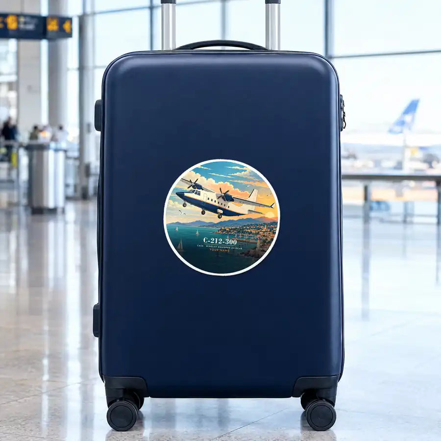CASA C-212-300 Aviocar - 3D + Name - Circle Sticker - Suitcase