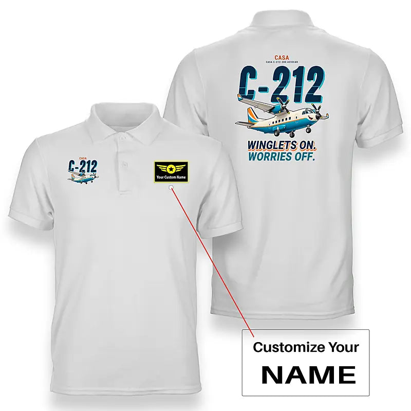 CASA C-212-300 Aviocar - Cartoon - Double-Side Polo - White + Name