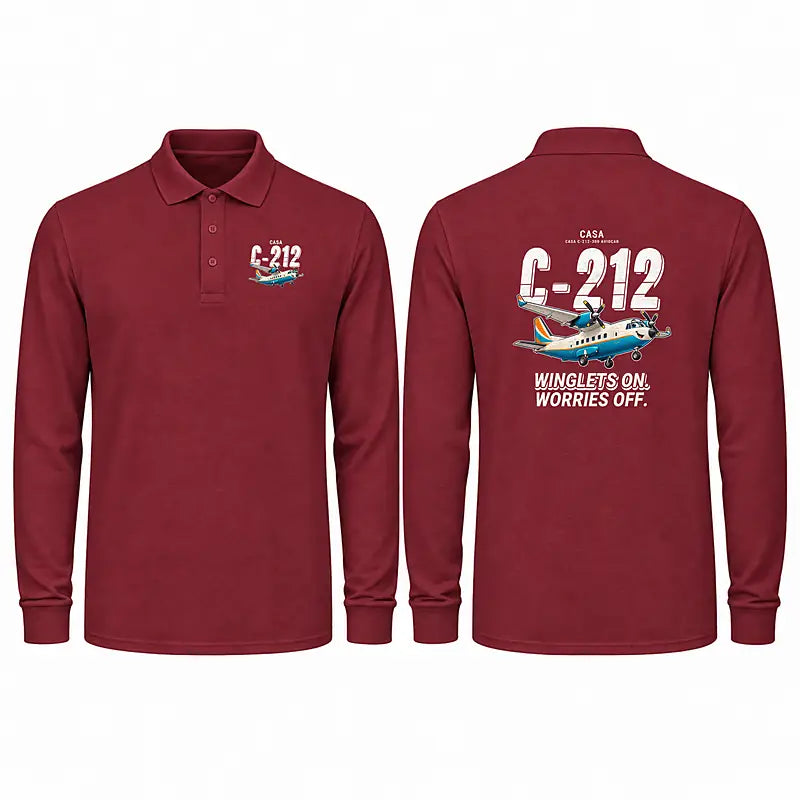 CASA C-212-300 Aviocar Premium Polo T-Shirts - Cartoon - Long Sleeve - Dark Red