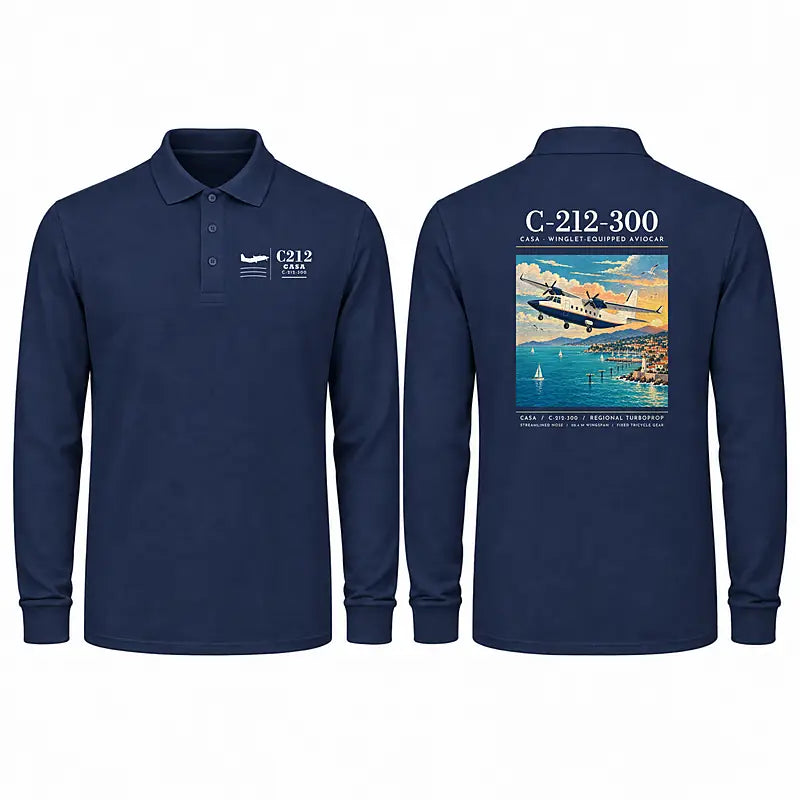 CASA C-212-300 Aviocar Premium Polo T-Shirts - Poster - Long Sleeve - Dark Blue