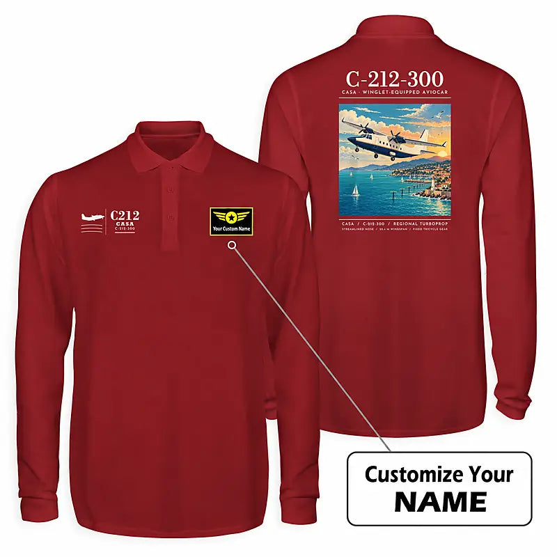 CASA C-212-300 Aviocar Premium Polo T-Shirts - Poster + Name - Long Sleeve - Dark Red