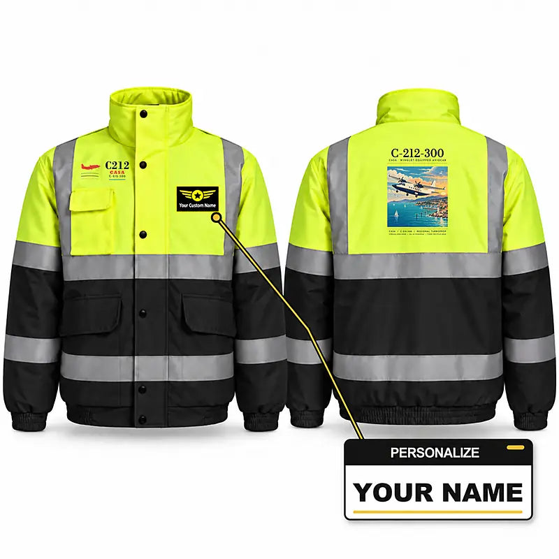 CASA C-212-300 Aviocar Reflective Winter Jackets - Poster + Name - Fluorescent Yellow & Navy