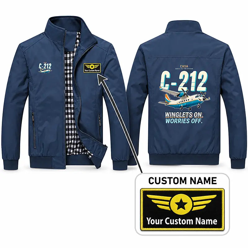 CASA C-212-300 Aviocar Stylish Jackets - Stand Collar - Cartoon + Name - Navy Blue