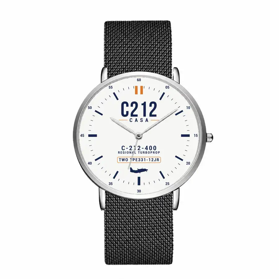 CASA C-212-400 Aviocar - Classic - White - Slim Mesh - Silver and Black Stainless Steel Strap