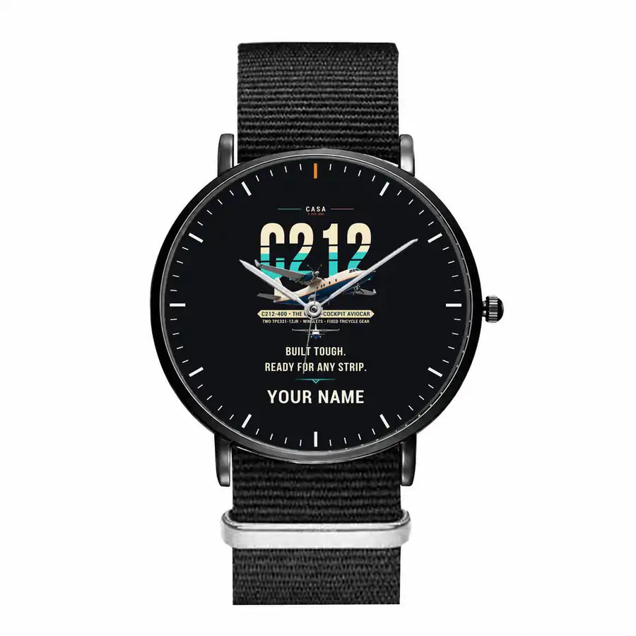 CASA C-212-400 Aviocar - Original + Name - Slim Leather - Black and Black Nylon Strap