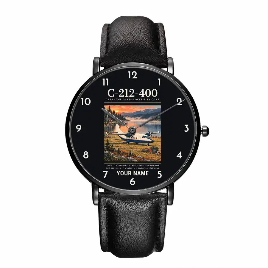 CASA C-212-400 Aviocar - Poster + Name - Slim Leather - Black and Black Leather Strap