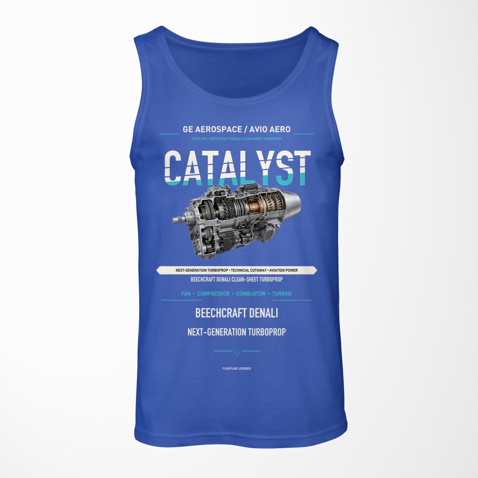 CATALYST design on blue tank top