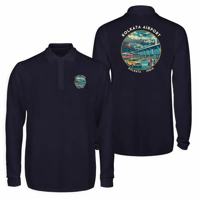 Netaji Subhash Chandra Bose International Airport Kolkata (CCU) Premium Polo T-Shirts - Badge - Long Sleeve - Dark Blue
