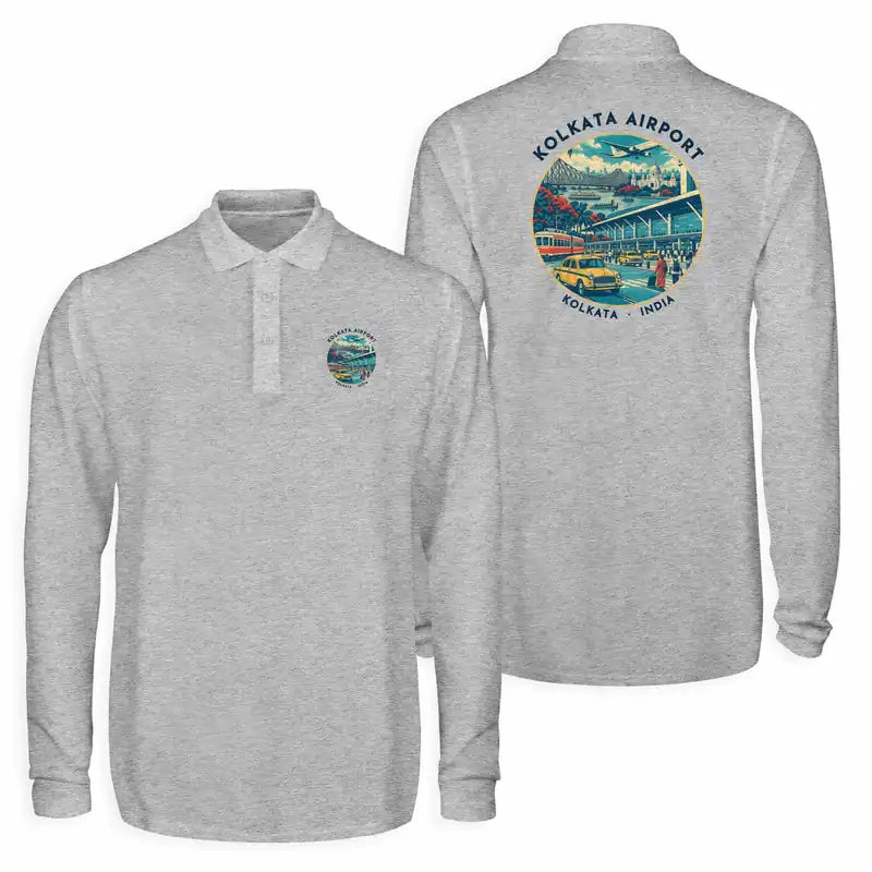 Netaji Subhash Chandra Bose International Airport Kolkata (CCU) Premium Polo T-Shirts - Badge - Long Sleeve - Gray
