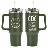 Thumbnail for Paris Charles de Gaulle Airport (CDG) Stainless Steel Mugs - Boarding Pass + Custom Back - 40oz Car Mug - Army Green