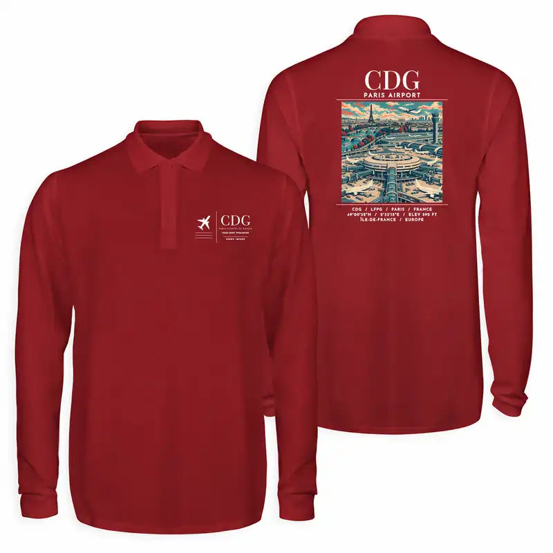 Paris Charles de Gaulle Airport (CDG) Premium Polo T-Shirts - Poster - Long Sleeve - Dark Red