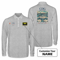 Thumbnail for Paris Charles de Gaulle Airport (CDG) Premium Polo T-Shirts - Poster + Name - Long Sleeve - Gray