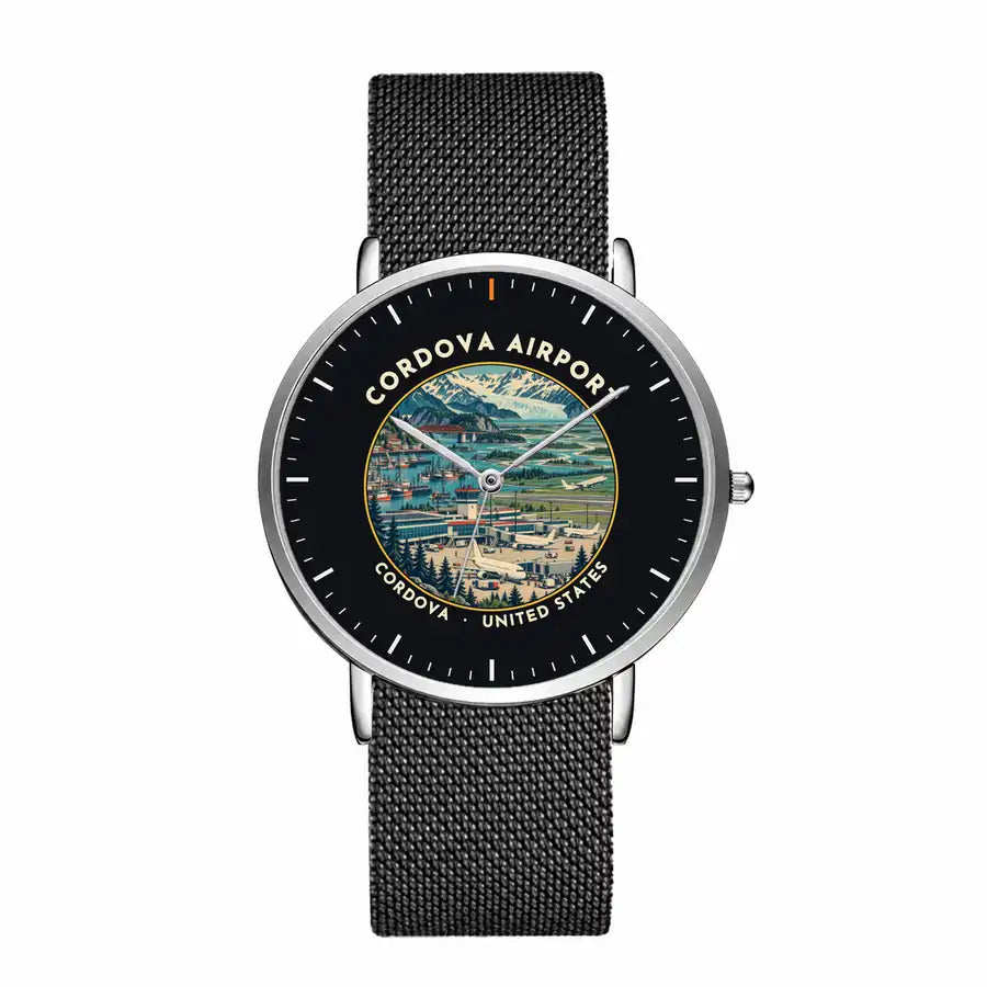 Merle K. (Mudhole) Smith Airport (CDV) Aviator Watches - Badge - Slim Mesh - Silver & Black Stainless Steel Strap