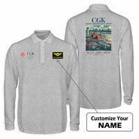 Thumbnail for Jakarta Soekarno-Hatta International Airport (CGK) Premium Polo T-Shirts - Poster + Name - Long Sleeve - Gray