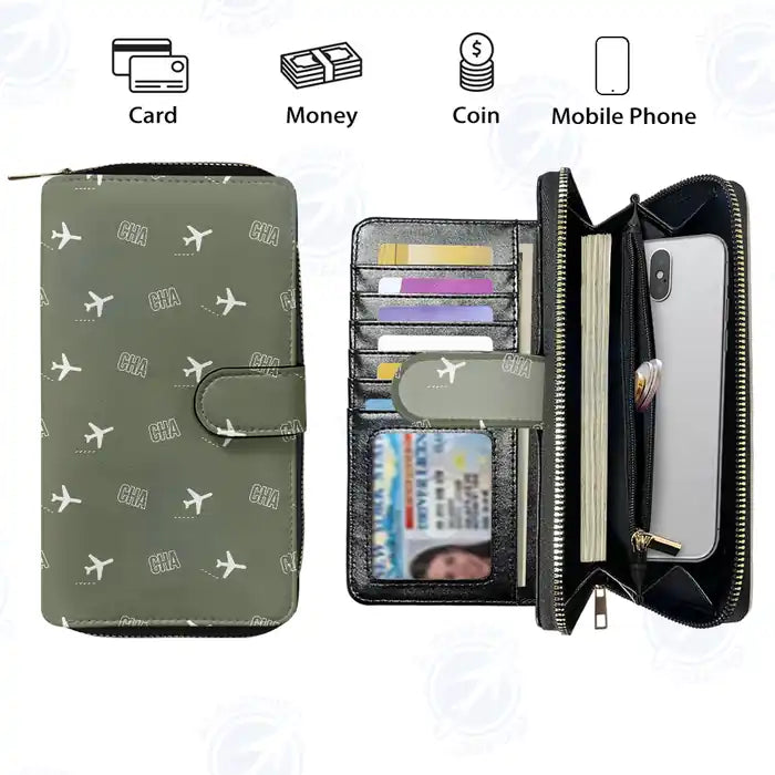 Chattanooga Airport (CHA) Leather Wallets - Zip Long Wallet - Pattern - Green Army