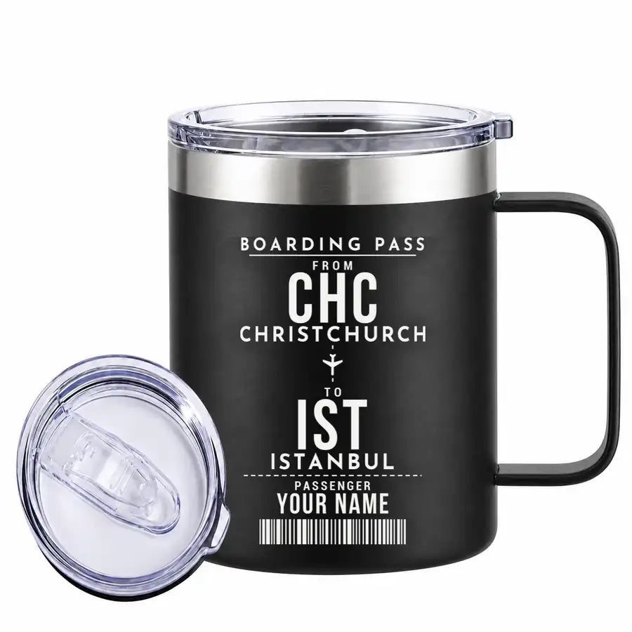 Christchurch Airport (CHC) Stainless Steel Mugs - Customizable Boarding Pass - Stainless Steel Mug - 14 oz / 400ML - Black