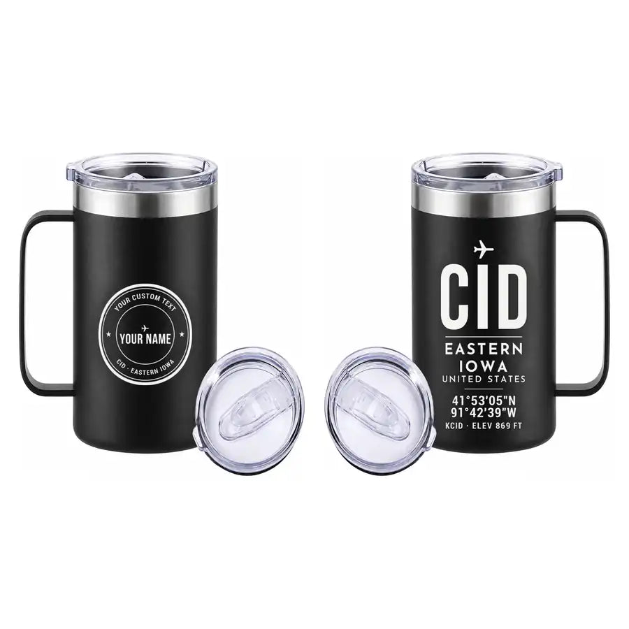 The Eastern Iowa Airport Cedar Rapids (CID) Stainless Steel Mugs - ID Tag + Custom Back - Stainless Steel Mug - 24 oz / 700ML - Black