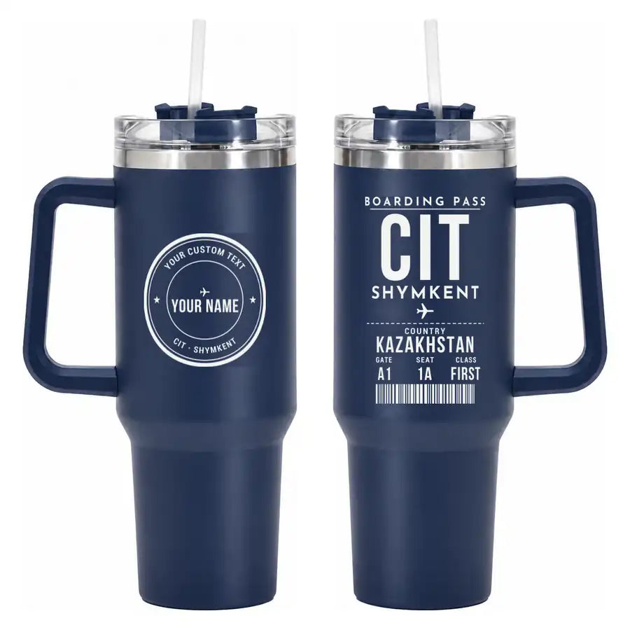 Shymkent International Airport (CIT) Stainless Steel Mugs - Boarding Pass + Custom Back - 40oz Car Mug - Navy Blue