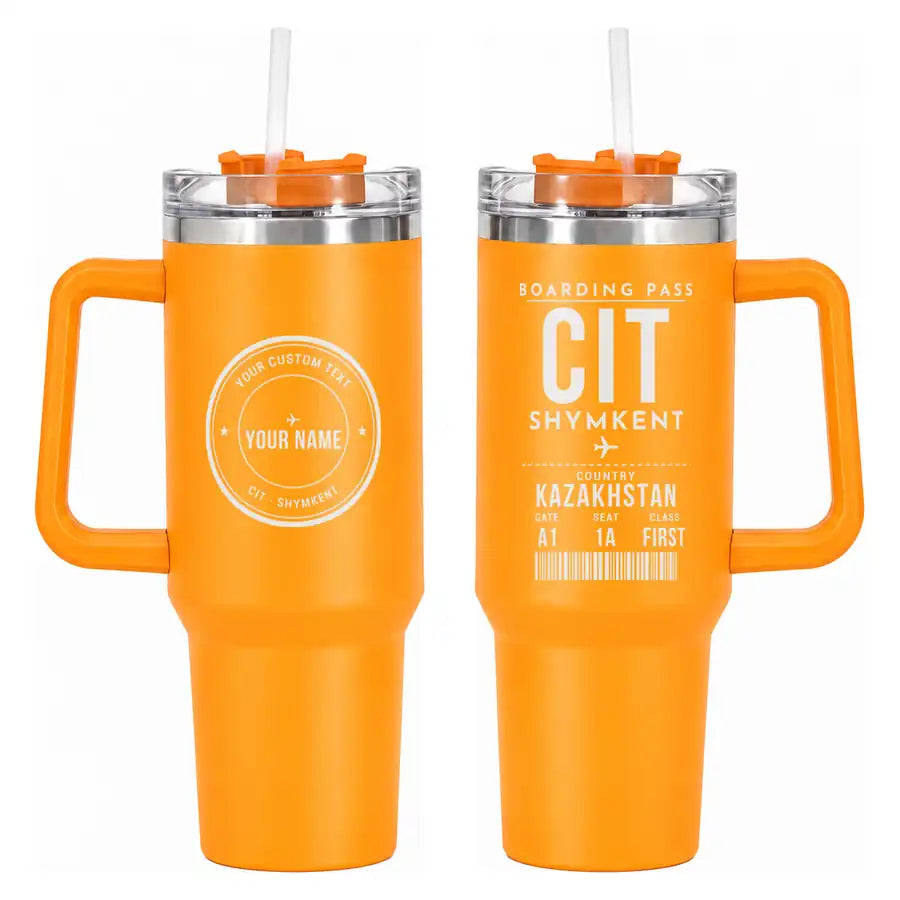 Shymkent International Airport (CIT) Stainless Steel Mugs - Boarding Pass + Custom Back - 40oz Car Mug - Orange