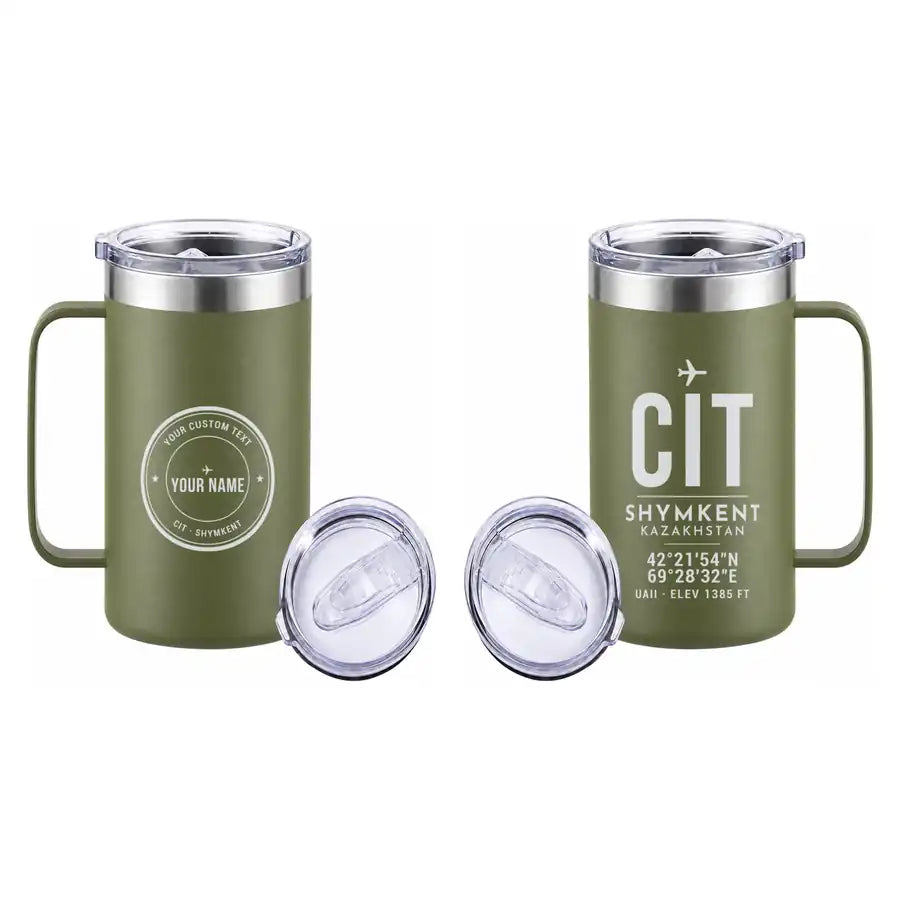 Shymkent International Airport (CIT) Stainless Steel Mugs - ID Tag + Custom Back - Stainless Steel Mug - 24 oz / 700ML - Army Green