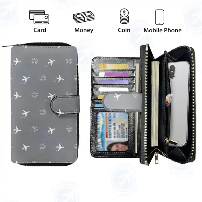 Cheongju International Airport (CJJ) Leather Wallets - Zip Long Wallet - Pattern - Gray