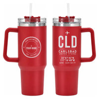 Thumbnail for McClellan-Palomar Airport (CLD) Stainless Steel Mugs - ID Tag + Custom Back - 40oz Car Mug - Red