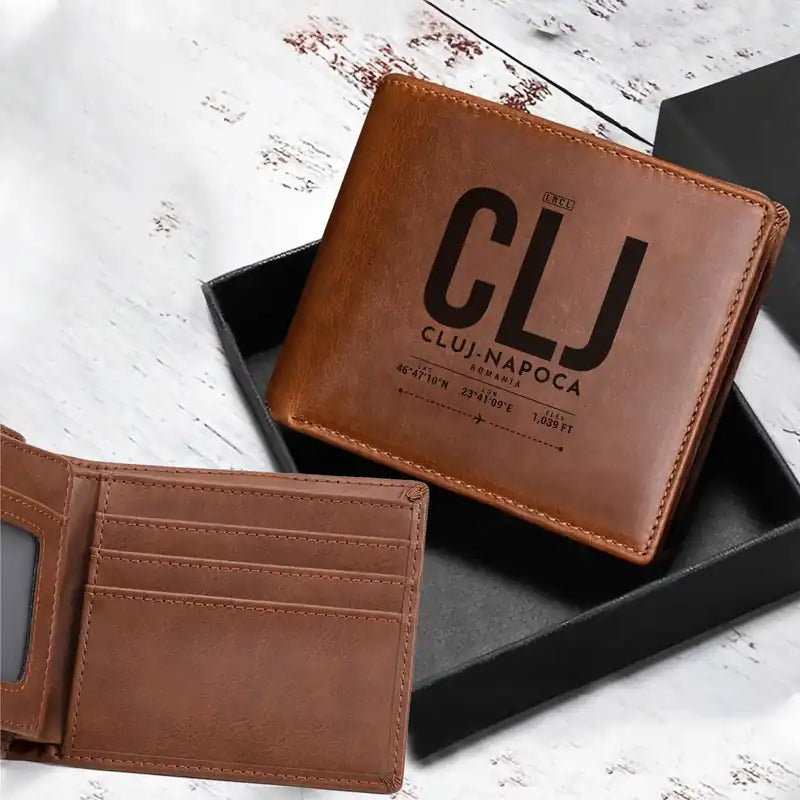 Avram Iancu Cluj International Airport (CLJ) Leather Wallets - Laser Leather Wallet - Tag