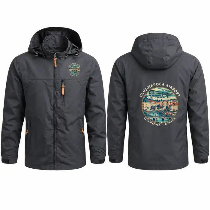 Avram Iancu Cluj International Airport (CLJ) Stylish Jackets - Hooded Windbreaker - Badge - Charcoal