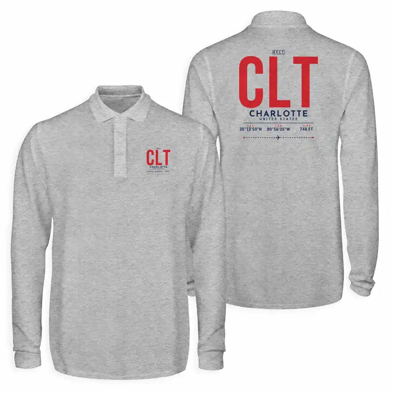 Charlotte Douglas International Airport (CLT) Premium Polo T-Shirts - Tag - Long Sleeve - Gray