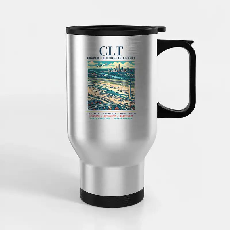Charlotte Douglas International Airport (CLT) Travel Mugs - Poster - Stainless Steel with Holder - Silver