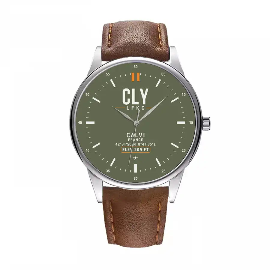 Calvi - Sainte-Catherine Airport (CLY) Aviator Watches - Classic - Green Army - Leather Strap - Brown Leather Strap