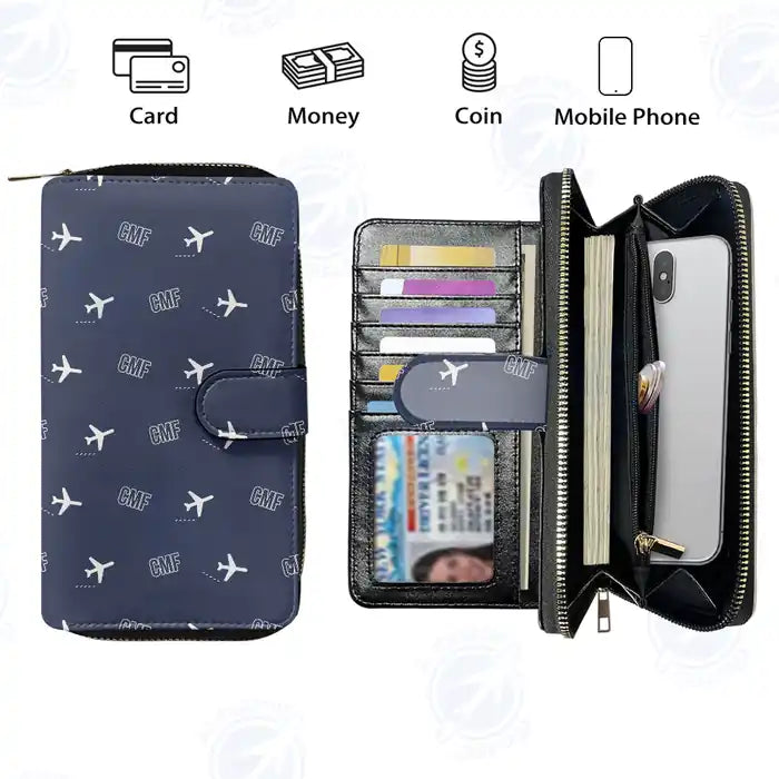 Chambéry-Savoie Airport (CMF) Leather Wallets - Zip Long Wallet - Pattern - Navy Blue